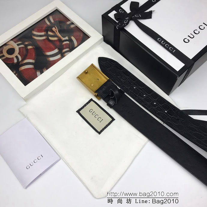 GUCCI古馳 官網新款 正品規格 原單品質 定制頭層自然鱷魚紋 復古老虎板扣 男士皮帶  xfp1355